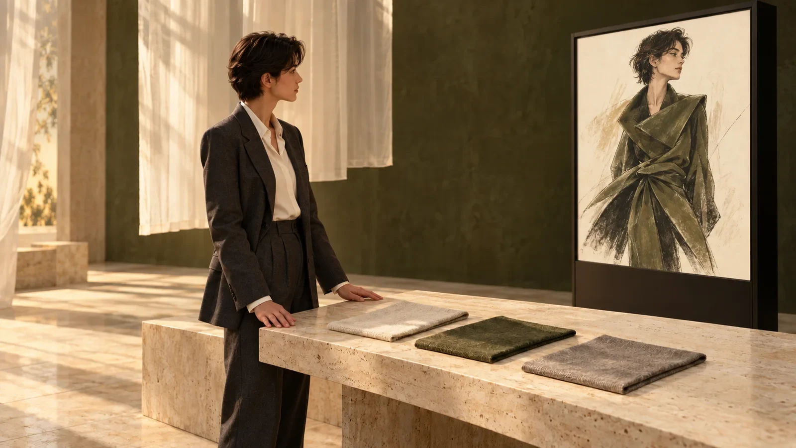 A participant explores styling at a material table and screen; concept image.